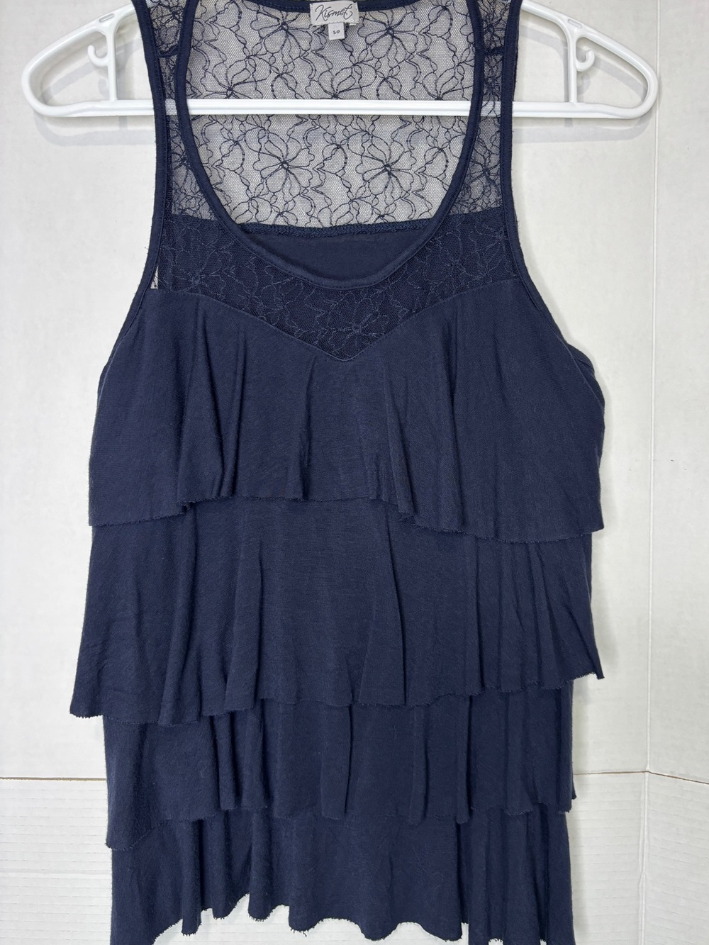 Kismet Women’s Y2K Navy Lace Yoke Tiered Ruffle Tank Feminine Flowy Top
